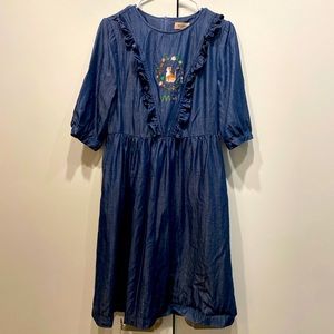 Miss Patina Cat Embroidered Denim Dress with Pockets